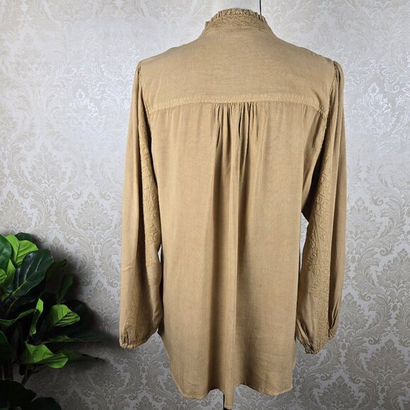 Soft Surroundings Sz Large River Valley Tan Embroidered Tunic Blouse Split Vneck - Picture 9 of 15